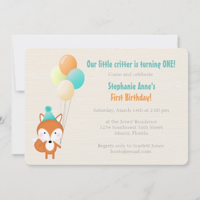 Invitation Renard des Bois avec Ballons (Devant)