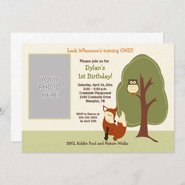 Invitation Renard et Chouette des bois *PHOTO* Anniversaire 5 (Devant / Derrière)