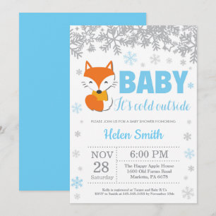 Invitation Renard Hiver Bleu Garçon Baby Shower Flocon de Nei