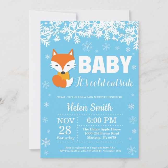 Invitation Renard Hiver Bleu Garçon Baby Shower Flocon de Nei (Devant)
