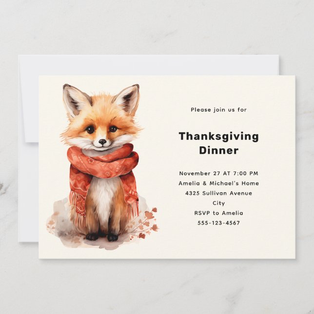Invitation Renard mignon en écharpe rouge au dîner de Thanksg (Devant)