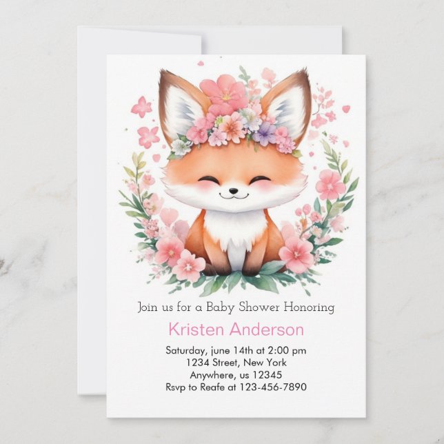 Invitation Renard rose Meadow Blissful Boho Girl Baby shower (Devant)
