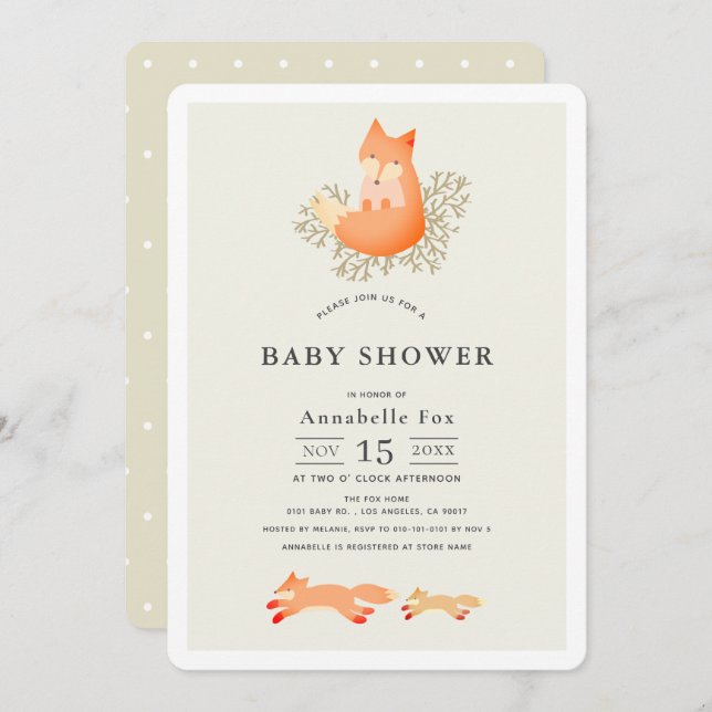 Invitation Renard sur Branche Baby shower beige (Devant / Derrière)