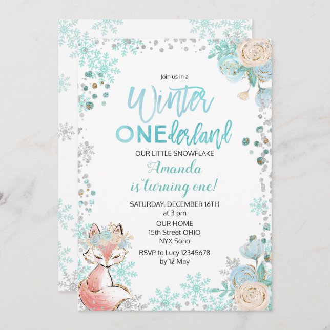 Invitation Renard Winter ONE derland Neige Birthday Invitatio (Devant / Derrière)