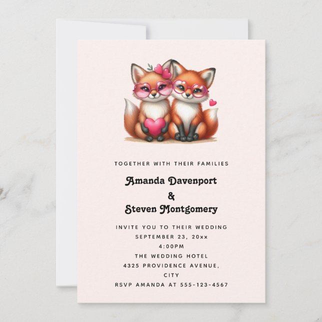 Invitation Renards orange mignons en amour Mariage (Devant)