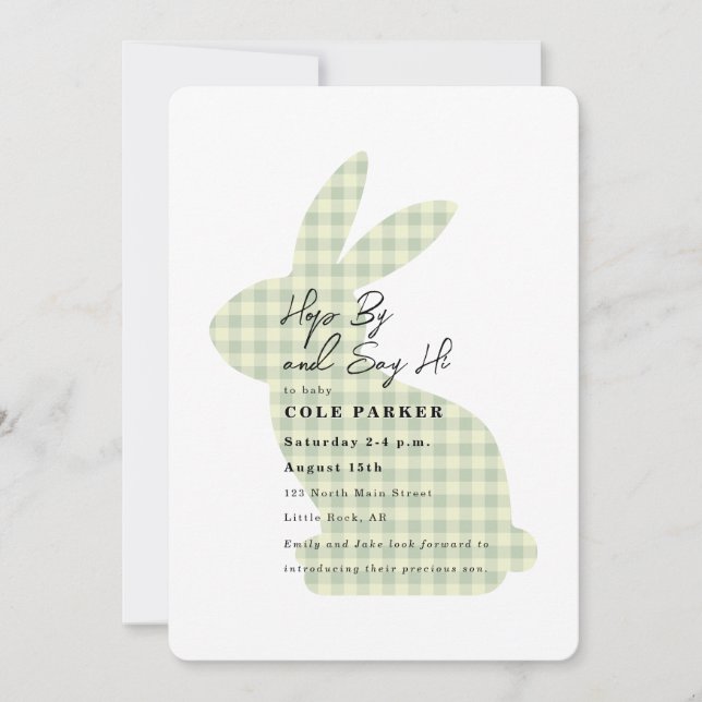 Invitation Rencontre et salutation Lapin Gingham Sage Baby Sh (Devant)