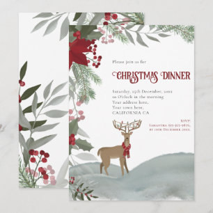 Invitation Renne de Noël Baies Rouges Feuillage Gris Neige