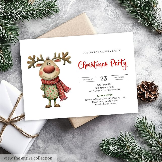 Invitation Renne Indocile Moderne Rouge Vert Célébration  (Quirky Reindeer Modern Red Green Celebration Invitation

)