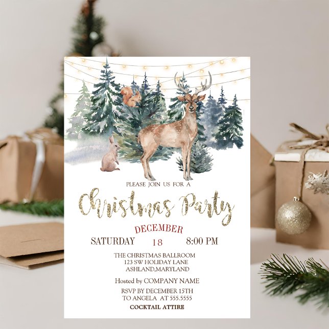 Invitation Renneaux aquarelle, Fête de Noël en forêt (Créateur téléchargé)