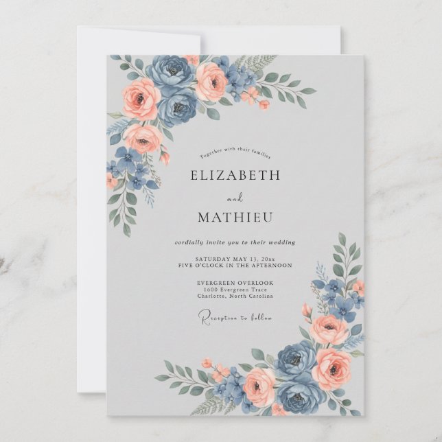 Invitation Renoncule Corail Ardoise Mariage Sage (Devant)