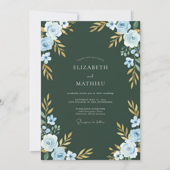 Invitation Renoncule de forêt de bleuet Eucalyptus Mariage (Devant)