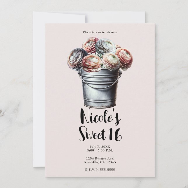 Invitation Renoncule en seau de fer-blanc Rustique Glamour Ro (Devant)