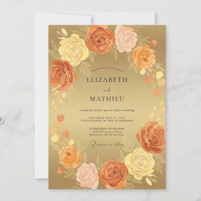 Invitation Renoncule Eucalyptus Or Ambré Mariage (Devant)