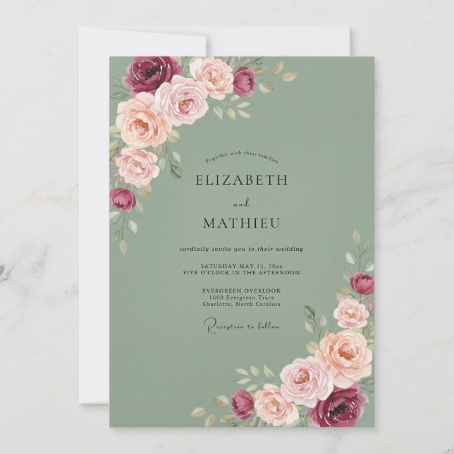 Invitation Renoncule Olive Berry pour mariage (Devant)