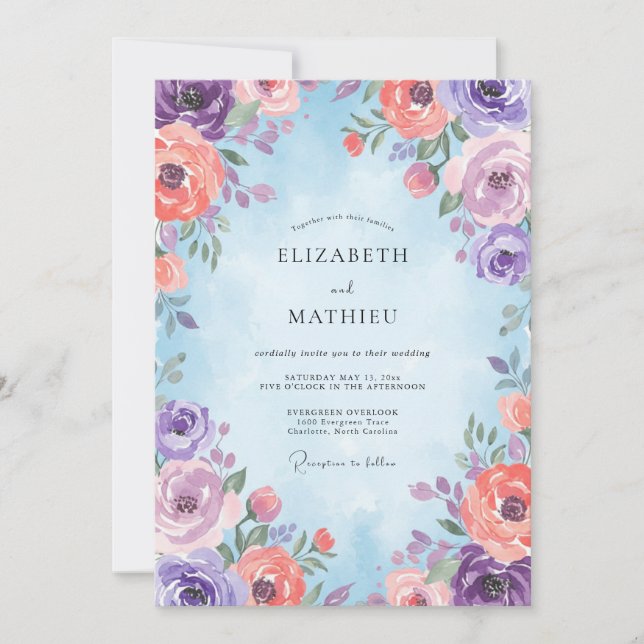 Invitation Renoncule Violet Corail Mariage Eucalyptus Assourd (Devant)