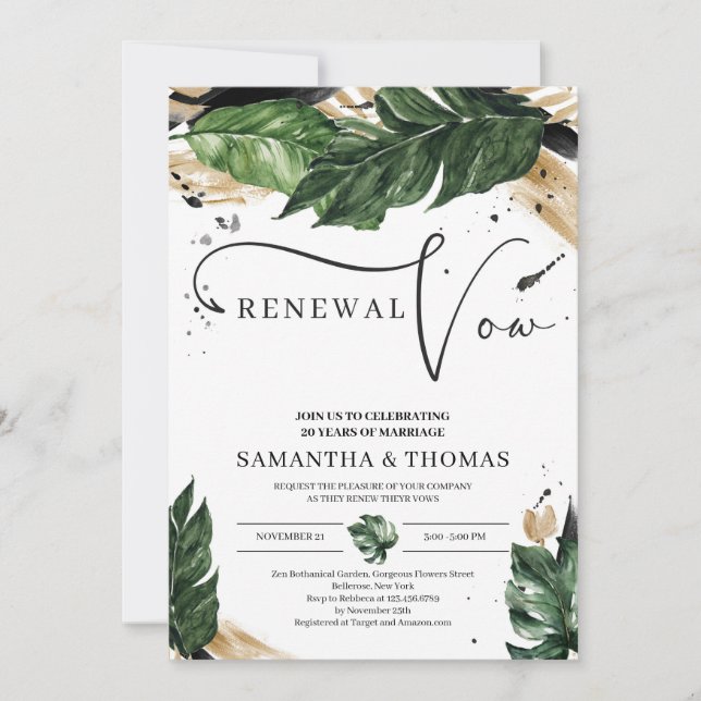 Invitation Renouvellement de vœux boho feuilles tropicales or (Devant)