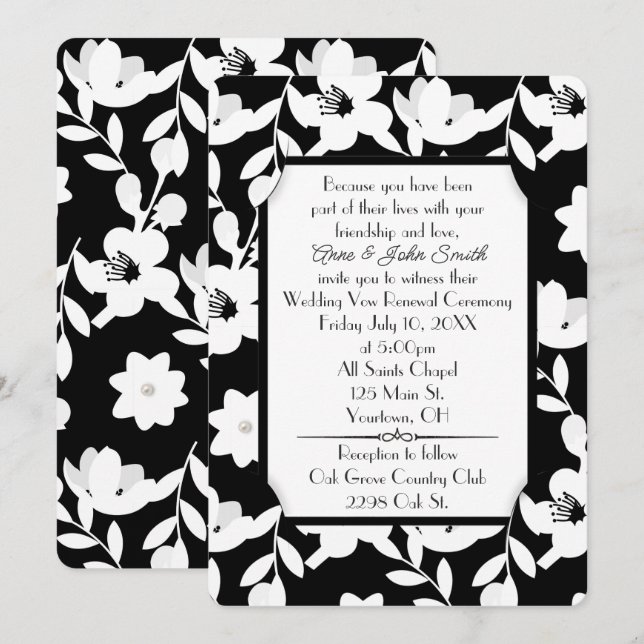 Invitation Renouvellement de vœux de fleur noire et blanche (Devant / Derrière)