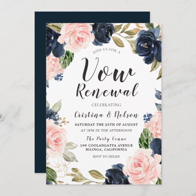 Invitation Renouvellement de vœux de mariage à l'aquarelle Bl (Devant / Derrière)