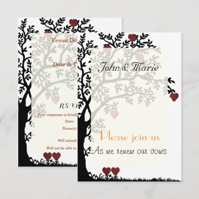 Invitation Renouvellement de Voeux de Mariage Coeurs et Arbre (Devant / Derrière)