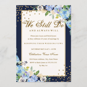 Invitation Renouvellement de Voeux Étincelant Floral Bleu Or 