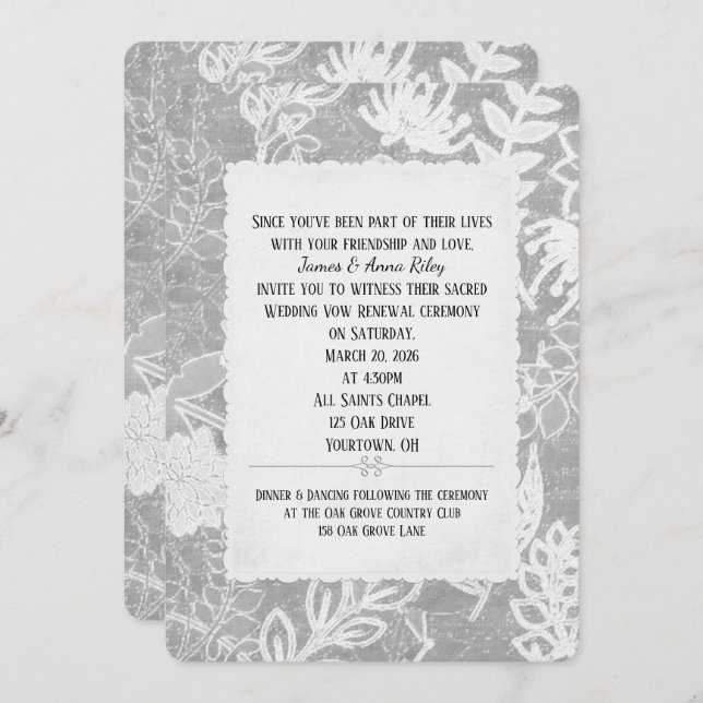 Invitation Renouvellement de Vow Mariage Floral Argent (Devant / Derrière)
