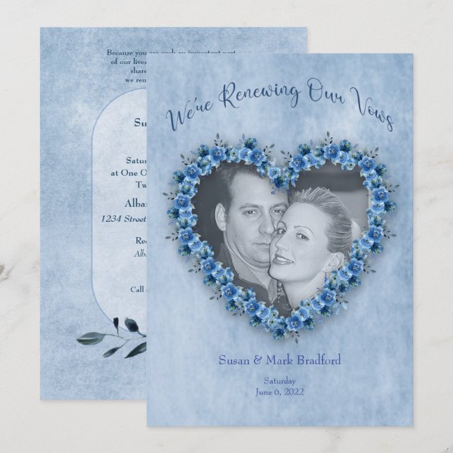 Invitation Renouvellement de Vows Mariages Blue Roses Heart P (Devant / Derrière)