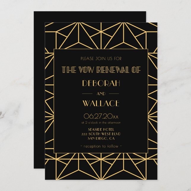 Invitation Renouvellement du voeu mariage art déco des années (Devant / Derrière)