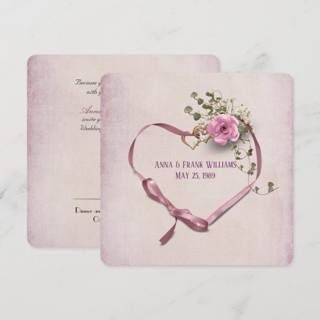 Invitation Renouvellement du voeu mariage coeur rose ruban av (Devant / Derrière)