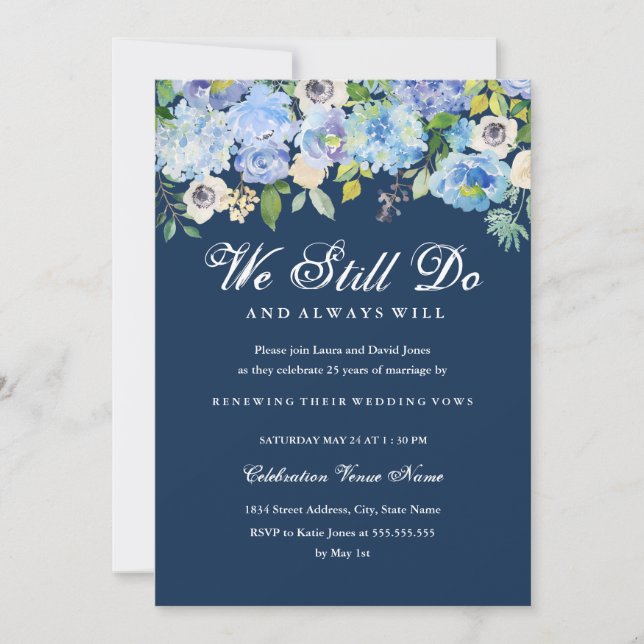 Invitation Renouvellement du Vow Floral Bleu Anniversaire Inv (Devant)