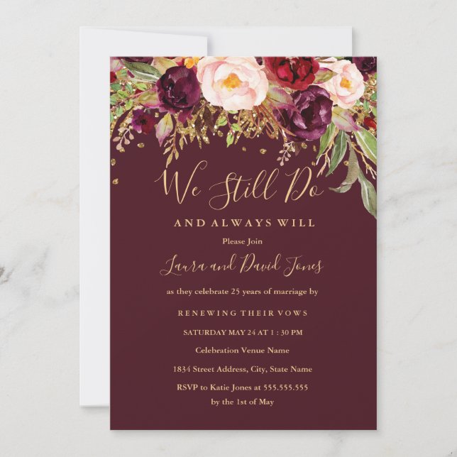 Invitation Renouvellement Floral Bourgogne Vow rouge (Devant)