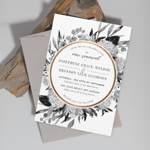 Invitation Renouvellement moderne du Vow Floral noir et blanc