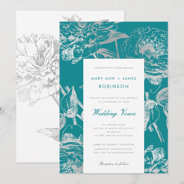 Invitation Renouvellement Turquoise Vow Mariage argent Simple (Devant / Derrière)