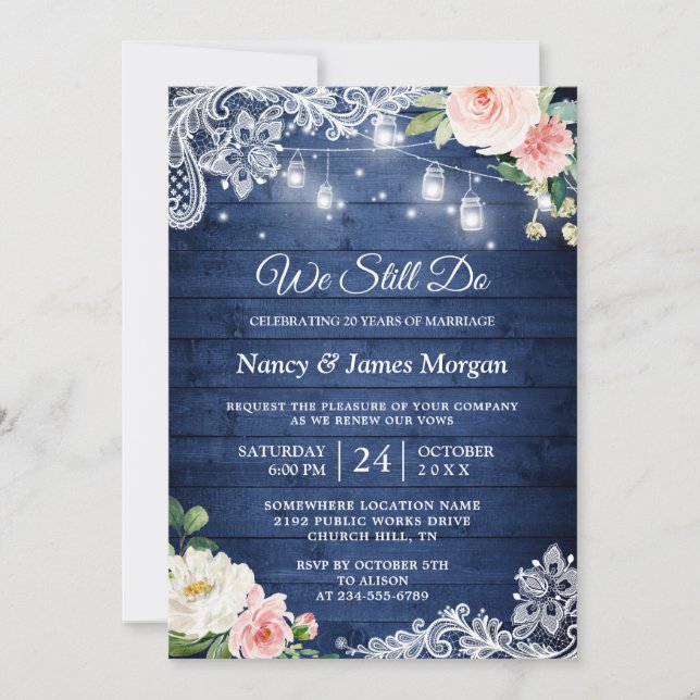 Invitation Renouvellement Vow Rustic Blue String Lumières Den (Devant)