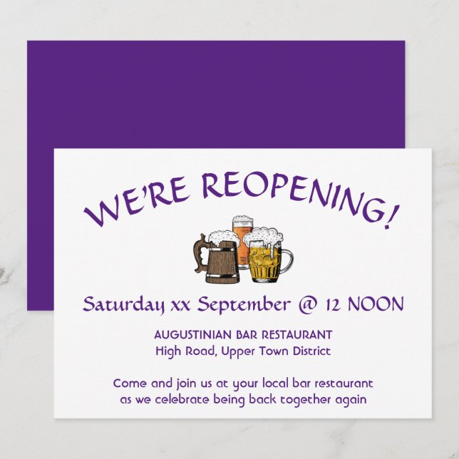 Invitation RÉOUVERTURE Réunion de bar Personnalisable VIOLET (Devant / Derrière)