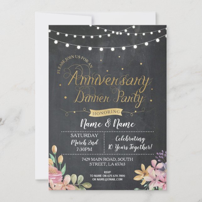 Invitation Repas d'anniversaire de mariage Fleurs craie dorée (Devant)