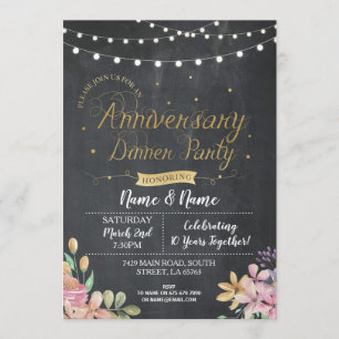 Invitation Repas d'anniversaire de mariage Fleurs craie dorée