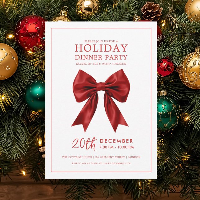 Invitation Repas de fête de Noël en satin rouge Xmas  (Xmas Holiday Dinner Party Red Satin Bow Invitation)