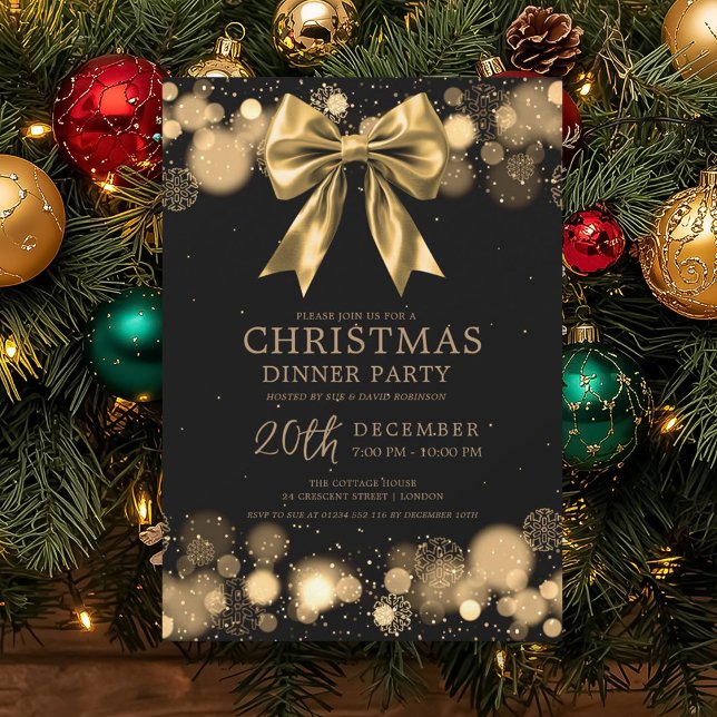 Invitation Repas de fête de Noël Party Bow d'hiver en or (Christmas Holiday Dinner Party Winter Gold Bow Invitation)