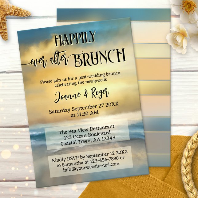 Invitation Repas de Mariage de Plage Brunch Happily Ever Afte (After wedding brunch invitation showing an original fine art painting of a sunset at a stormy beach)
