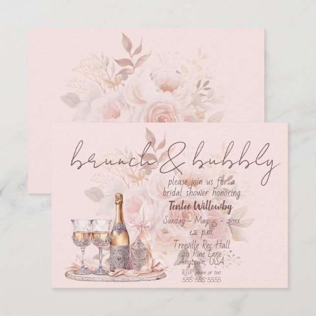 Invitation Repas de midi rose et vin pétillant pour la douche (Devant / Derrière)