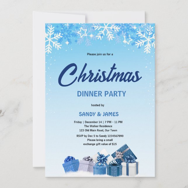 Invitation repas de Noël bleu cadeaux boules  (Devant)