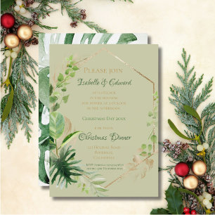Invitation Repas de Noël Tropical Vert avec Feuilles Dorées