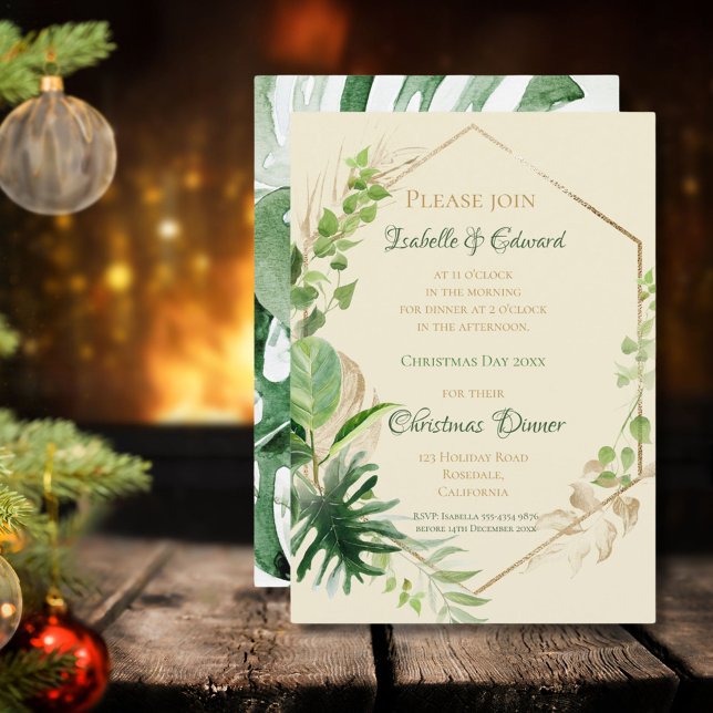 Invitation Repas de Noël Tropical Vert avec Feuilles Dorées (Créateur téléchargé)