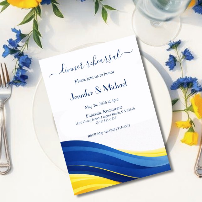Invitation Repas de répétition bleu cobalt et jaune citron  (Cobalt Blue and Lemon Yellow Dinner Rehearsal  Invitation)