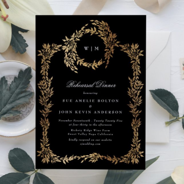Invitation Repas de répétition Gold Monogram Black Premium (Créateur téléchargé)