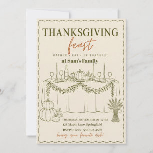 Invitation Repas de Thanksgiving Olive Dessin au Trait Table