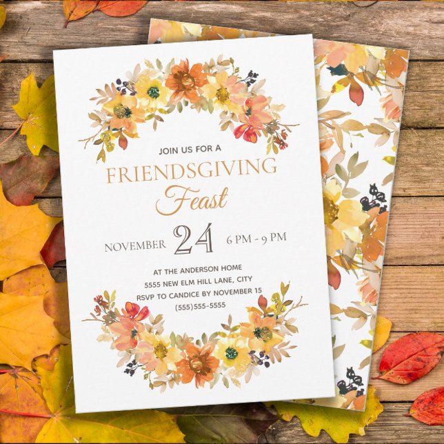 Invitation Repas Élégant de Friendsgiving Rustique (Friendsgiving Dinner invitation with pretty orange and yellow watercolor flowers)