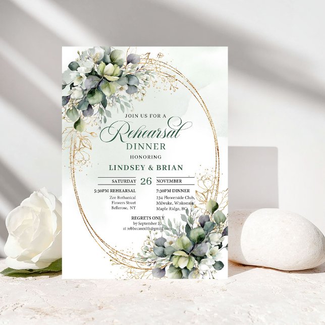 Invitation Répétition de dîner Charme Classique Eucalyptus Bo (Classic Charm Rehearsal Dinner Eucalyptus Botanical)