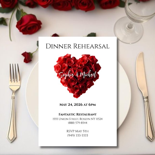 Invitation Répétition de dîner de mariage - Roses rouges en f (Wedding Dinner Rehearsal-Heart Shaped Red Roses- Invitation)