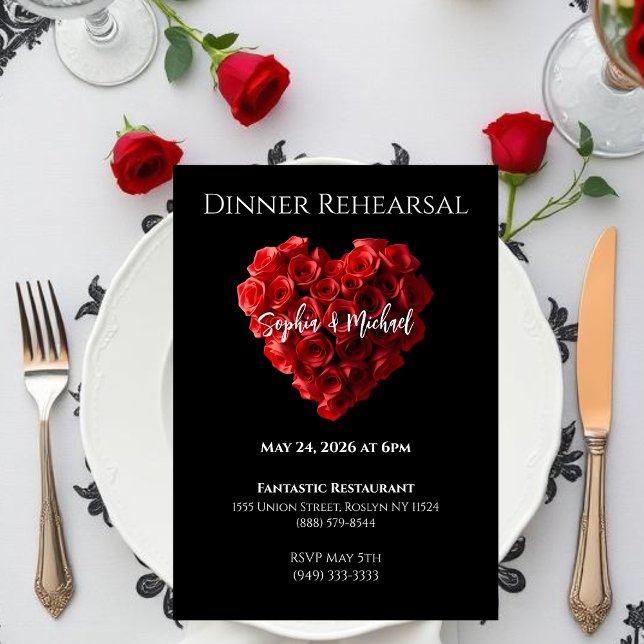 Invitation Répétition de dîner de mariage - Roses rouges en f (Wedding Dinner Rehearsal-Heart Shaped Red Roses- Invitation)